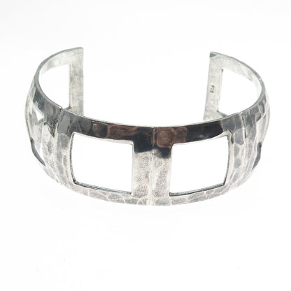925 Sterling Silver Vintage Modernist Hammered Oxidized Adjustable Bracelet 7.5"