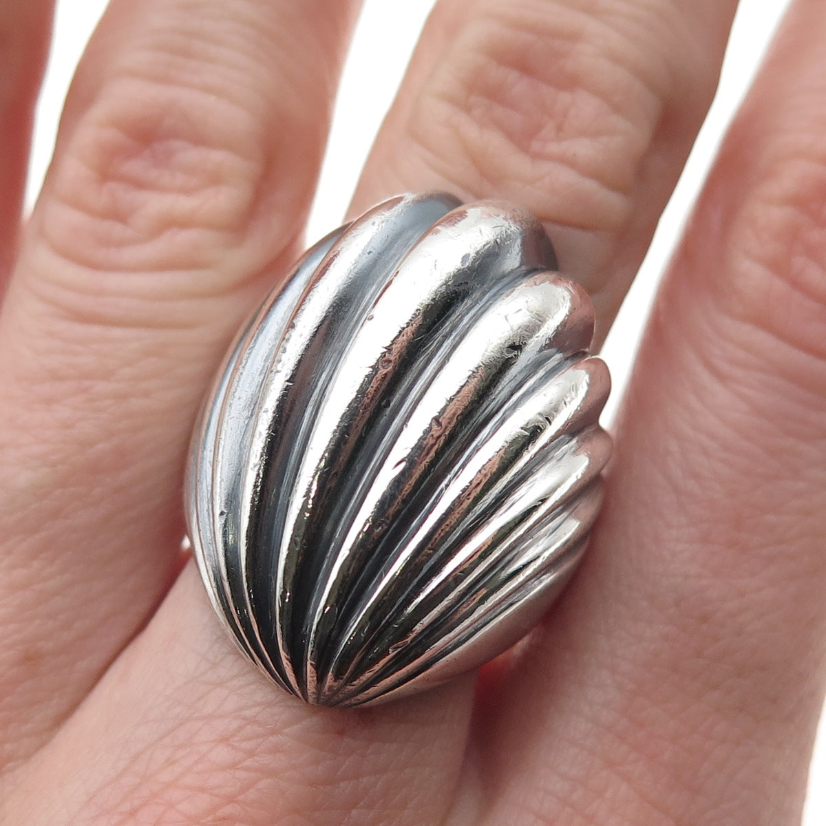 925 Sterling Silver Vintage Modernist Seashell Oxidized Statement Ring Size 9.5