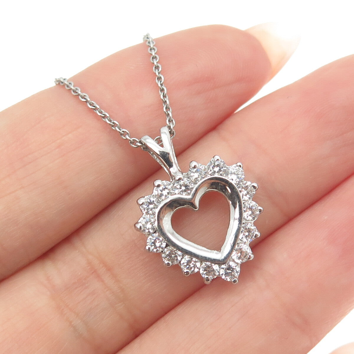 925 Sterling Silver Round-Cut C Z Heart Cable Chain Necklace 16"
