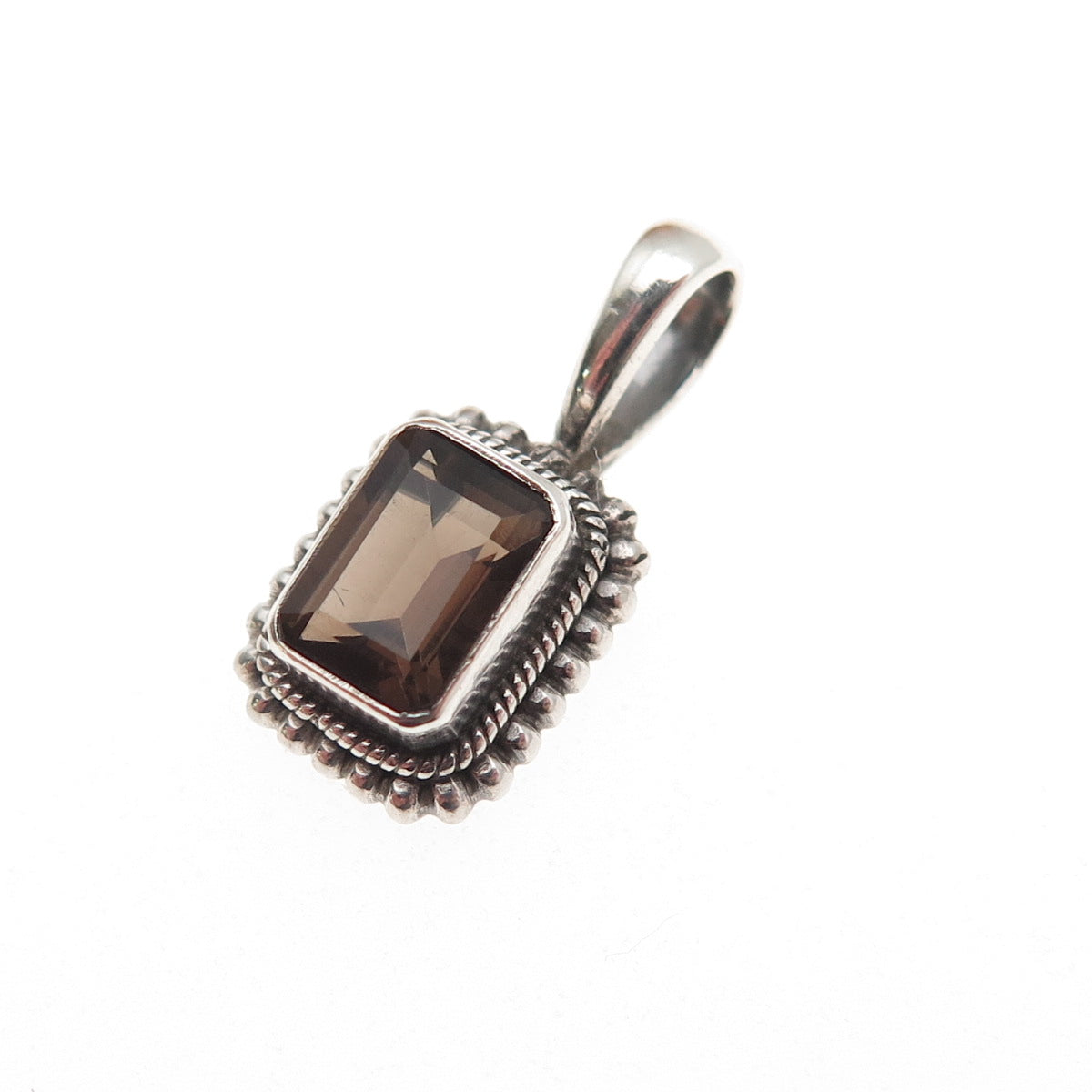 925 Sterling Silver Vintage Real Emerald-Cut Smoky Quartz Mini Charm Pendant