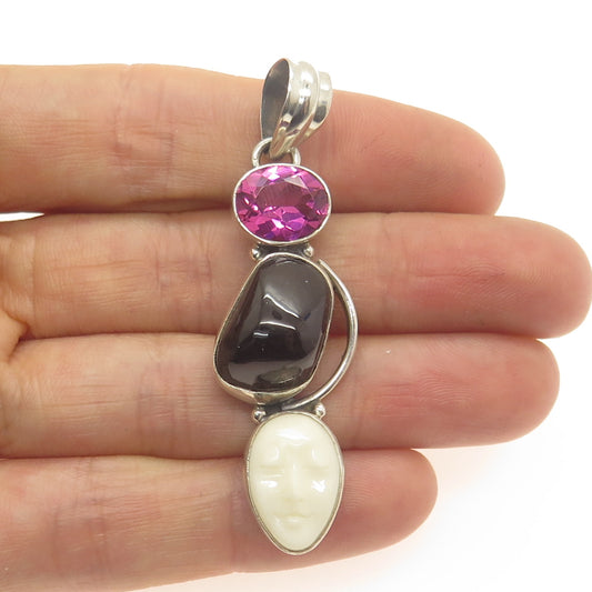 925 Sterling Silver Vintage Real Pink Amethyst Tourmaline & MOP Goddess Pendant