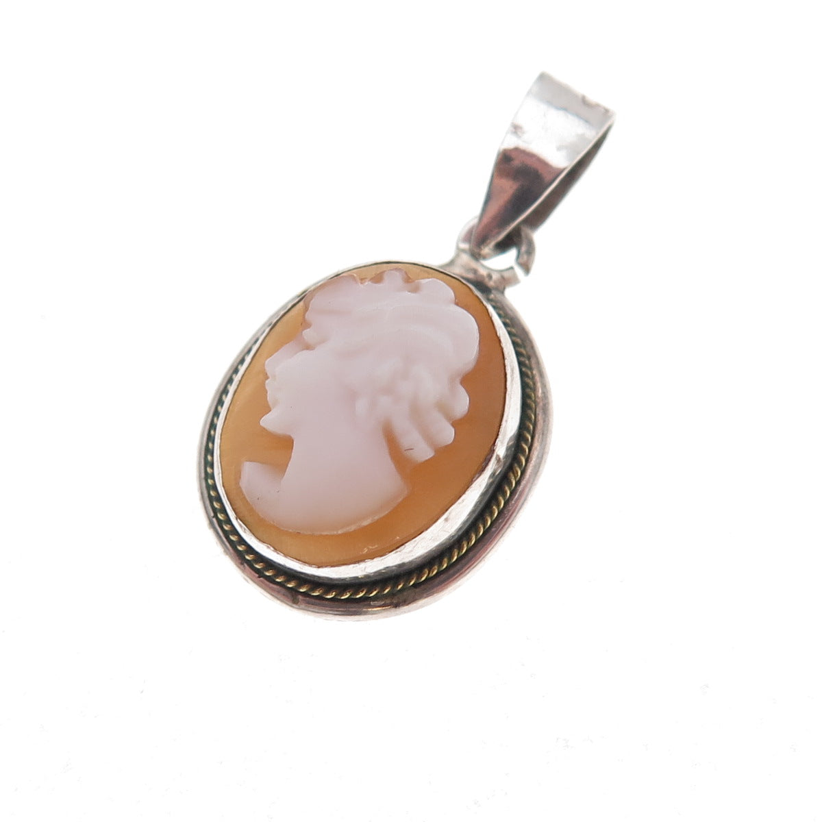 925 Sterling Silver 2-Tone Antique Art Deco Real MOP Lady Cameo Charm Pendant