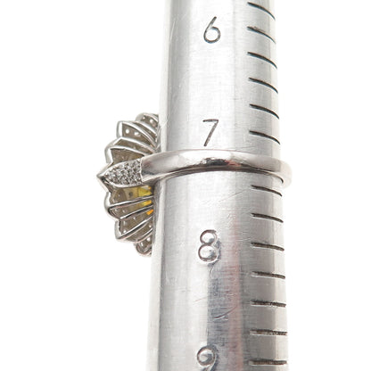 925 Sterling Silver Canary & White C Z Flower Ring Size 7.25