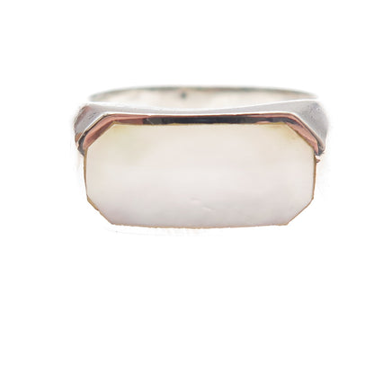 925 Sterling Silver Vintage Real MOP Modernist Oxidized Ring Size 8.75