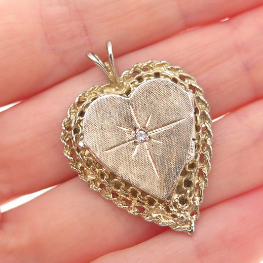 925 Sterling Silver 2-Tone Vintage Rhinestone Heart Locket Charm Pendant