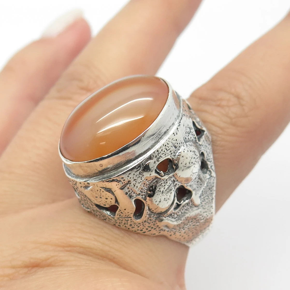 925 Sterling Silver Vintage Real Agate Gem Adjustable Ring Size 7-9