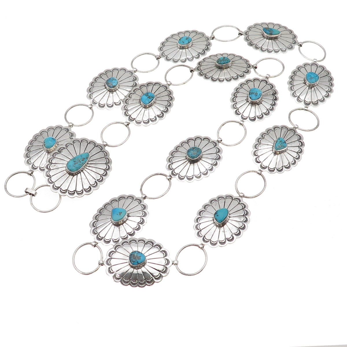 Nelson Garcia Kewa Old Pawn 925 Sterling Vintage Turquoise Concho Necklace 36"