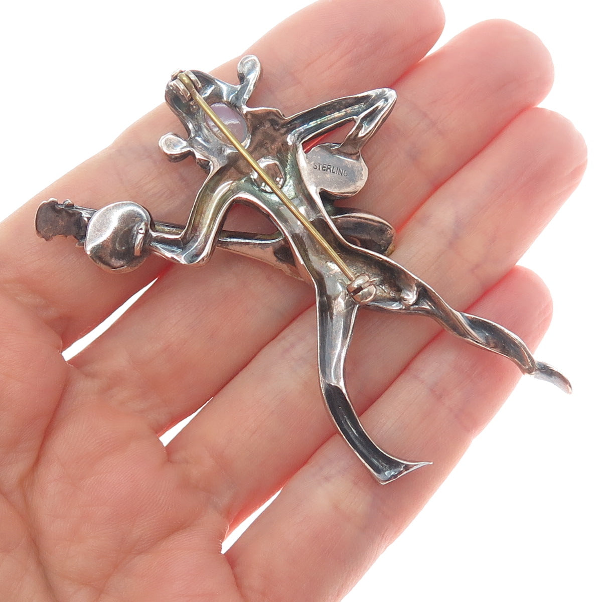 M SLATER Sterling Antique Shell Opalite Harlequin Brooch (missing 9 rhinestones)