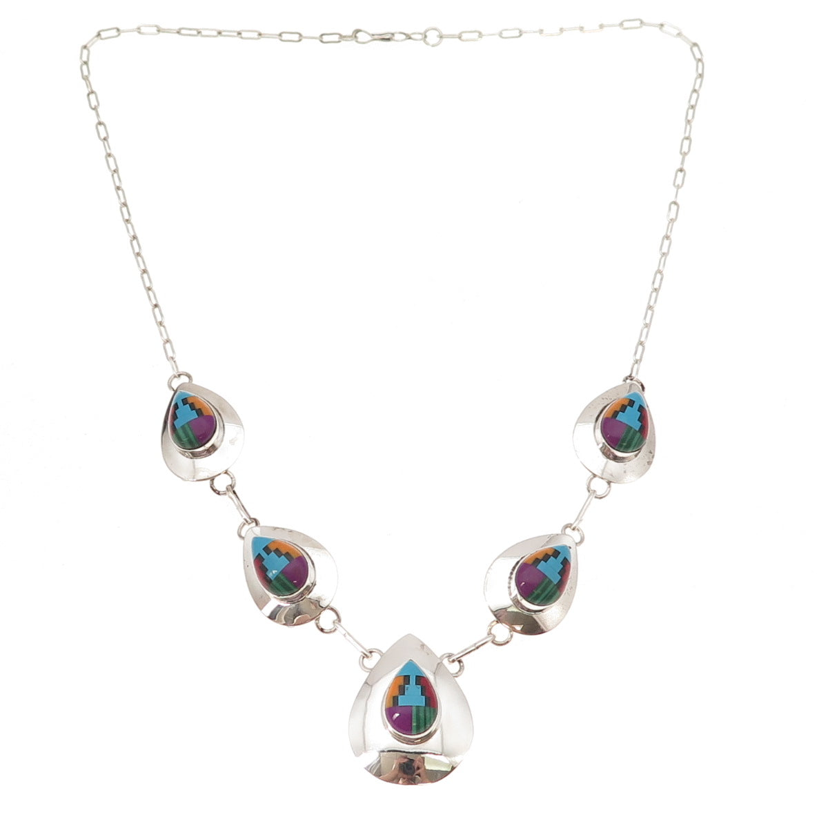 Old Pawn 925 Sterling Silver Vintage RWJ Zuni Multi-Gem Chain Necklace 20"