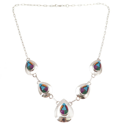 Old Pawn 925 Sterling Silver Vintage RWJ Zuni Multi-Gem Chain Necklace 20"