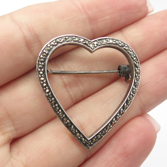 925 Sterling Silver Vintage Real Marcasite Gemstone Open Heart Pin Brooch