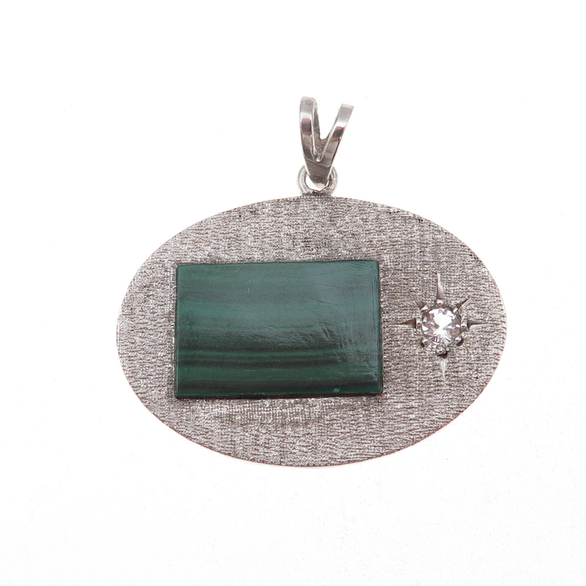 Daito S.A. Sterling Silver Vintage Mexico Real Malachite & C Z Modernist Pendant