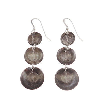 925 Sterling Silver Vintage Real Clear Quartz Modernist Oxidized Dangle Earrings