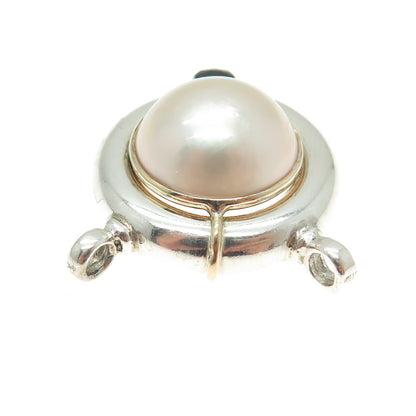 14K Gold Sterling Silver Vintage Pearl & Sapphire Modernist Centerpiece Pendant