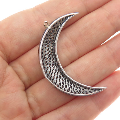 925 Sterling Silver Real Round-Cut Diamond Crescent Moon Oxidized Pendant