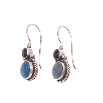 925 Sterling Silver Vintage Real Lapis & Black Onyx Drop Earrings