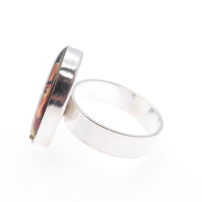 925 Sterling Silver Vintage Enamel Frida Kahlo Pressed Flowers Ring Size 8.75