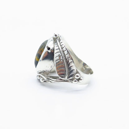 925 Sterling Silver Vintage Real Tiger Iron Gem Leaf Ring Size 6.25
