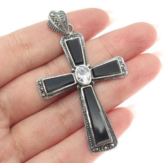 925 Sterling Silver Vintage Real Black Onyx Marcasite Gem & C Z Cross Pendant