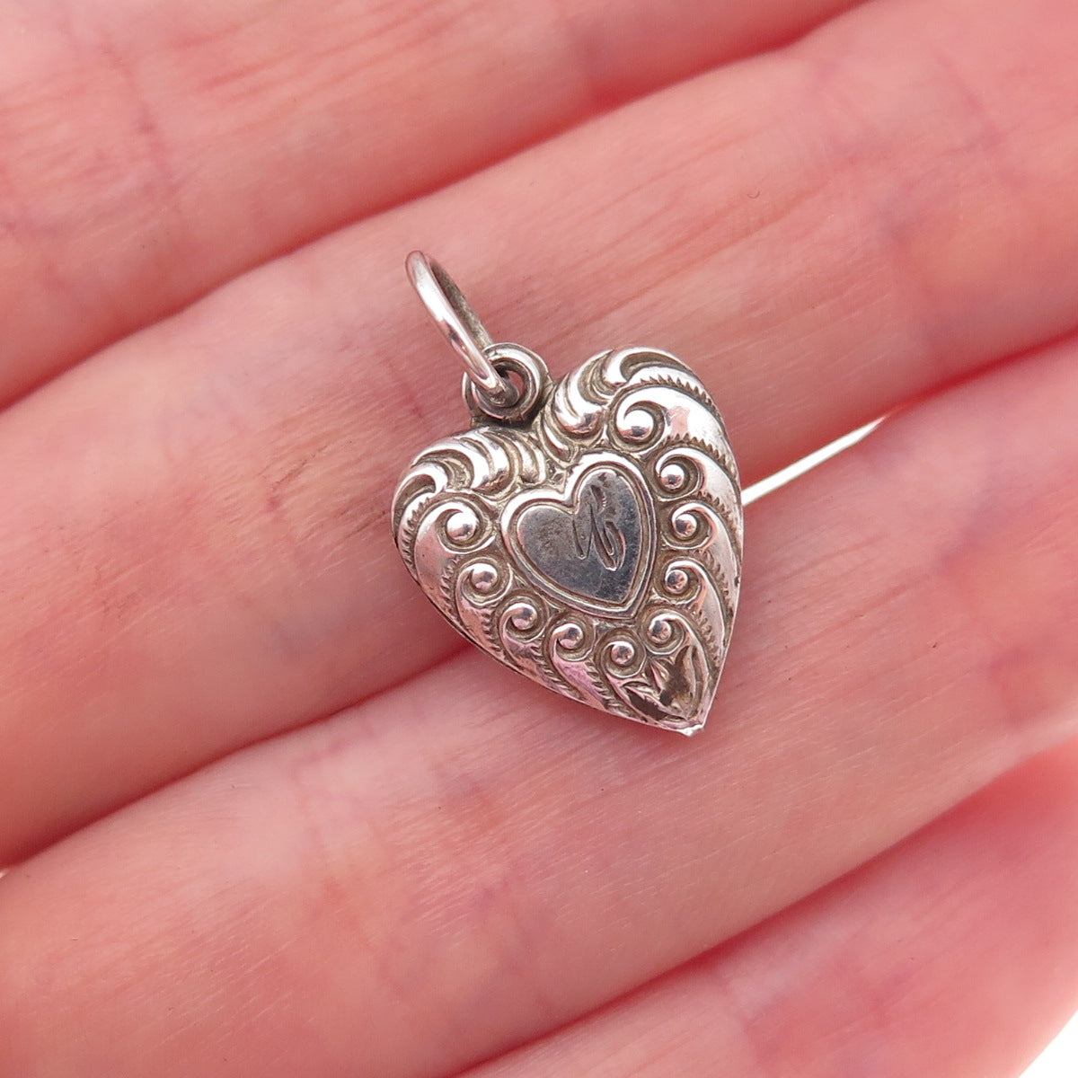 925 Sterling Silver Antique Art Deco Engraved Heart Chatelaine Charm Pendant