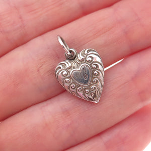 925 Sterling Silver Antique Art Deco Engraved Heart Chatelaine Charm Pendant