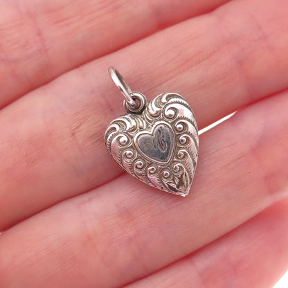 925 Sterling Silver Antique Art Deco Engraved Heart Chatelaine Charm Pendant