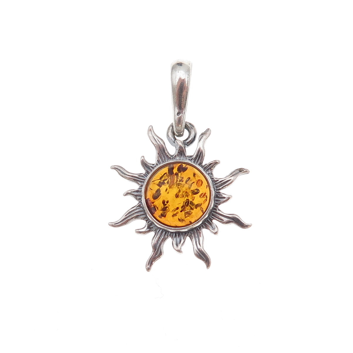 925 Sterling Silver Vintage Poland Real Amber Sun Oxidized Charm Pendant