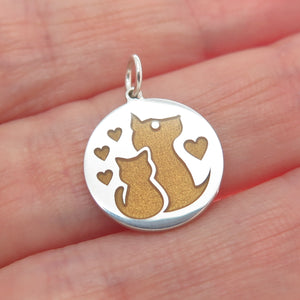 925 Sterling Silver Brown Enamel Dog & Cat Friendship Minimalist Charm Pendant