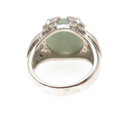 925 Sterling Silver Real Round-Cut Diamond & Jade Floral Ring Size 8.25