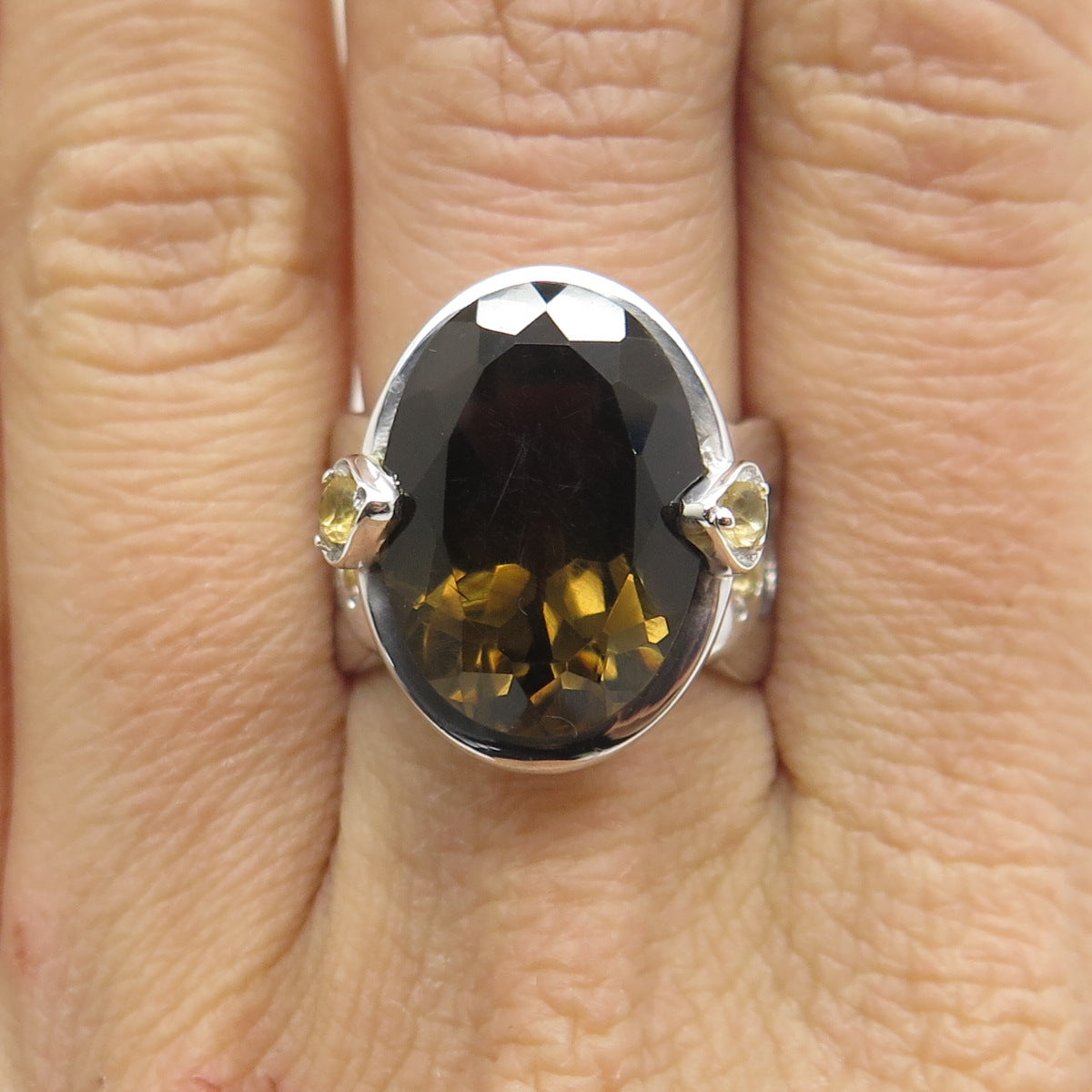 925 Sterling Silver Real Oval-Cut Smoky Quartz & Citrine Ring Size 7