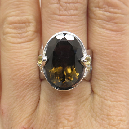 925 Sterling Silver Real Oval-Cut Smoky Quartz & Citrine Ring Size 7