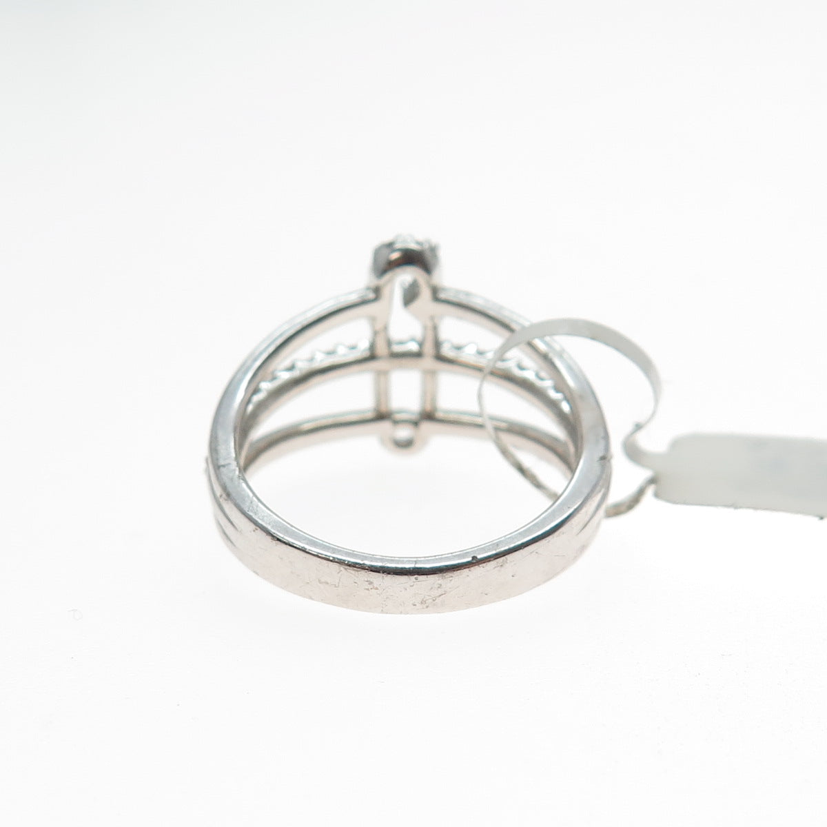 925 Sterling Silver Real Round-Cut Diamond Safety Pin 3-Row Ring Size 7