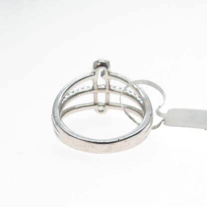 925 Sterling Silver Real Round-Cut Diamond Safety Pin 3-Row Ring Size 7