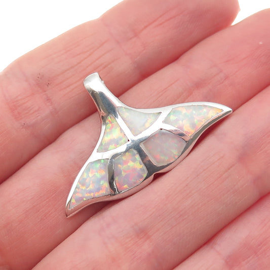 925 Sterling Silver Vintage Real Opal Whale Tail Charm Pendant