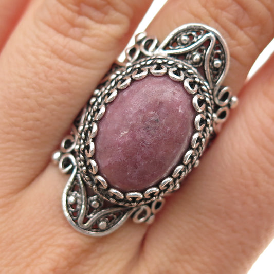 925 Sterling Silver Vintage Real Rhodonite Ornate Oxidized Ring Size 8.25