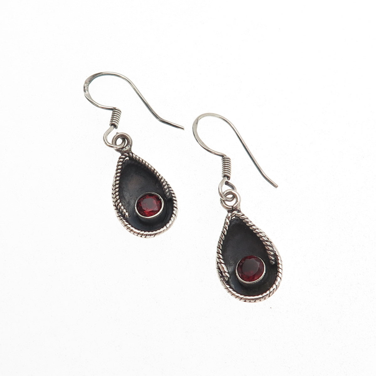 925 Sterling Silver Vintage Real Red Garnet Modernist Teardrop Dangle Earrings