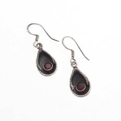 925 Sterling Silver Vintage Real Red Garnet Modernist Teardrop Dangle Earrings