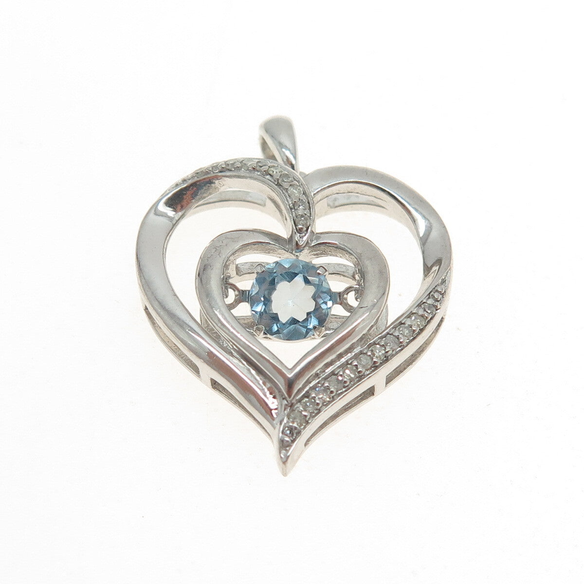 REGINA LANE 925 Sterling Silver Real Round-Cut Diamond Blue Topaz Heart Pendant