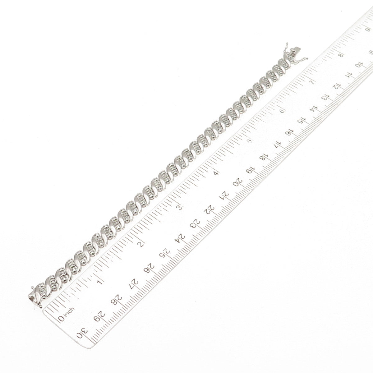 925 Sterling Silver Real Round-Cut Diamond Ribbed Link Bracelet 7.25"