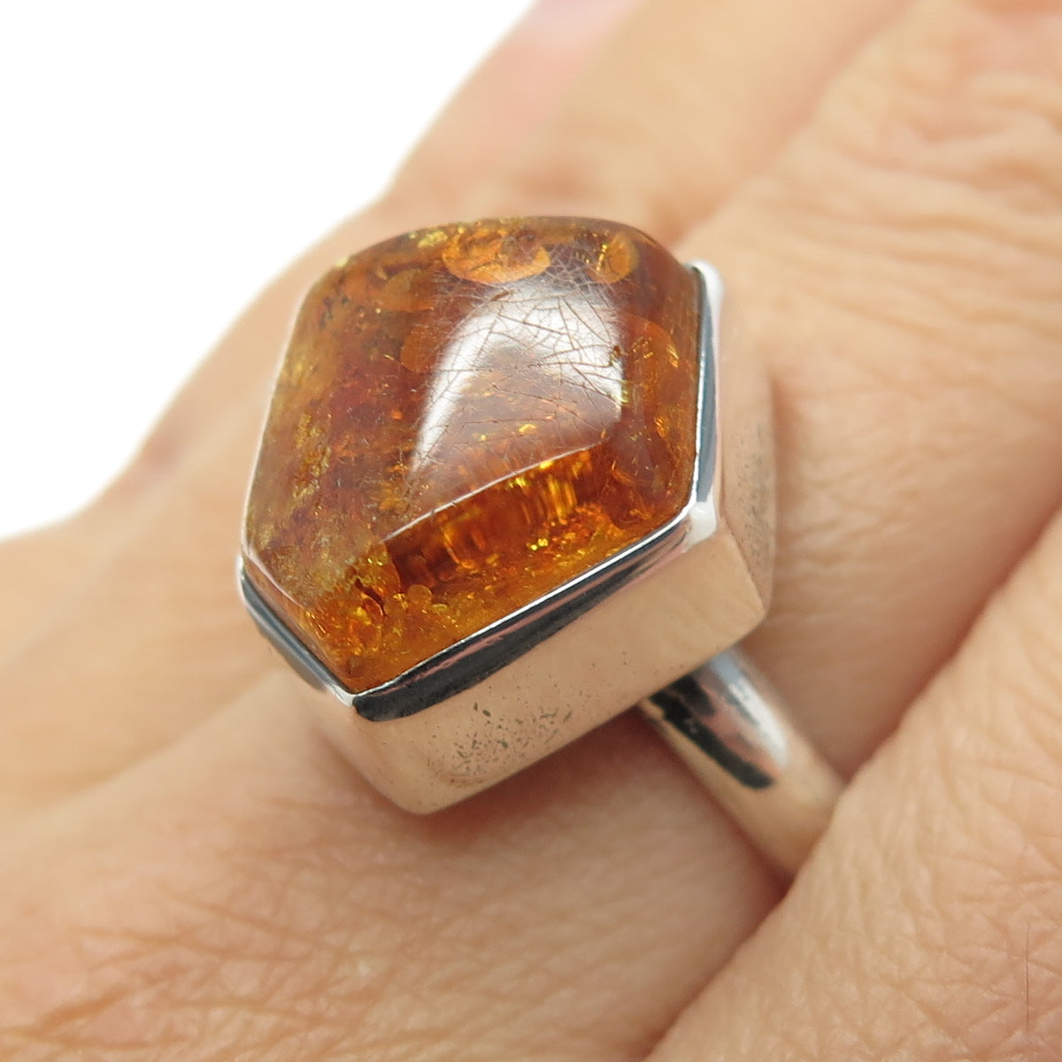 925 Sterling Silver Vintage Real Baltic Amber Modernist Ring Size 9