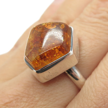 925 Sterling Silver Vintage Real Baltic Amber Modernist Ring Size 9