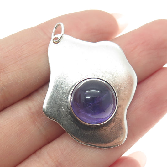 925 Sterling Silver Vintage Real Amethyst Gemstone Modernist Pendant