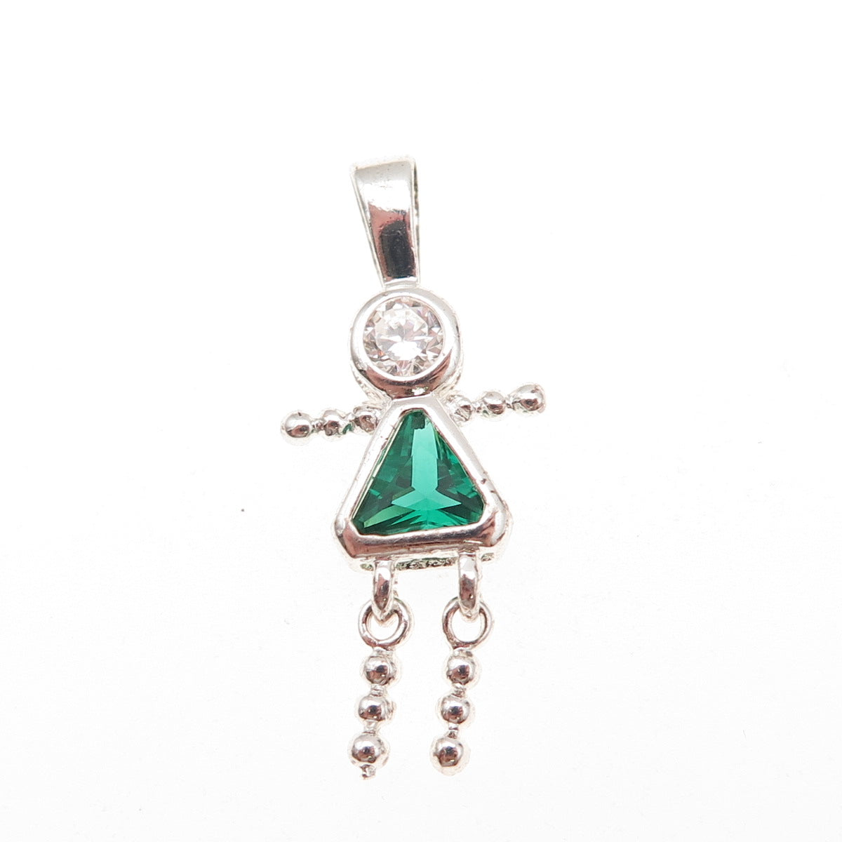 925 Sterling Silver C Z May Birthstone Girl Articulated Charm Pendant