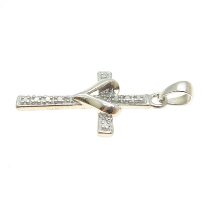 925 Sterling Silver Real White Diamond Accent Cross w/Heart Pendant