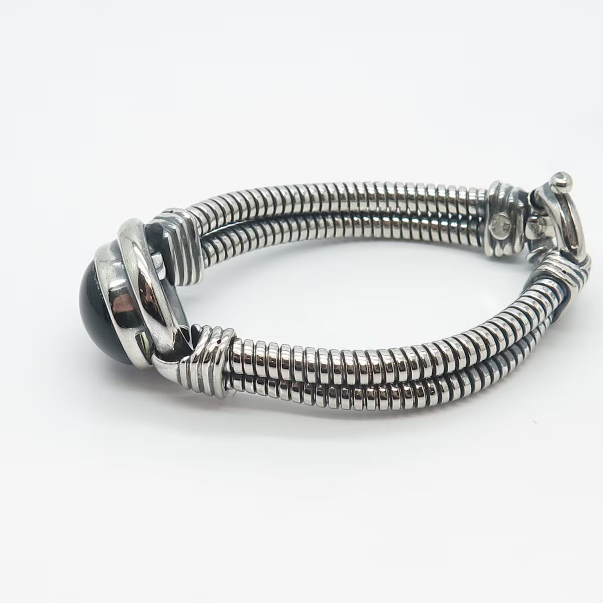 925 Sterling Silver Vintage Black Onyx Gem 2-Row Tubogas Link Bracelet 6.75"