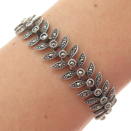 925 Sterling Vintage Real Marcasite Oxidized Floral Link Bracelet 7.75"