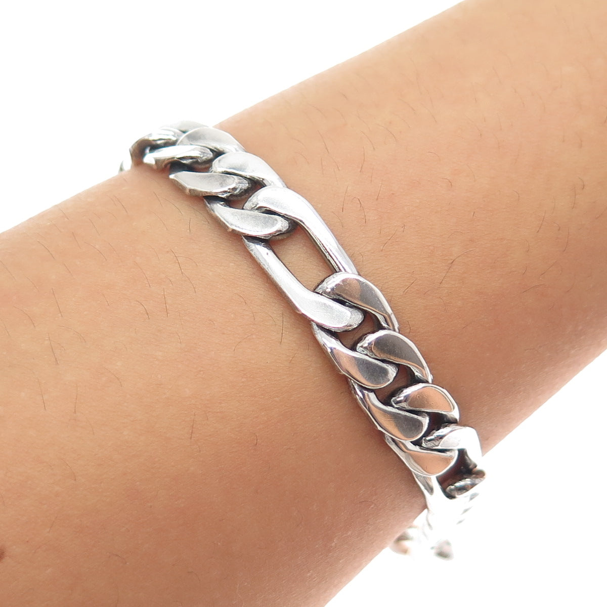 925 Sterling Silver Vintage Mexico Figaro Link Oxidized Bracelet 8"