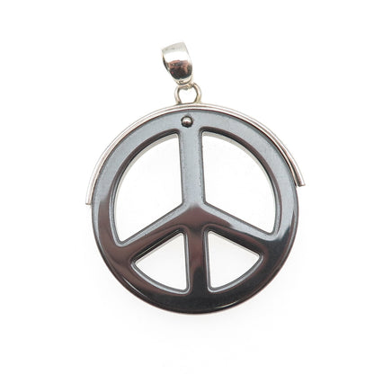 925 Sterling Silver Vintage Real Hematite Peace Symbol Charm Pendant