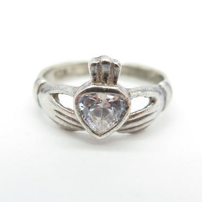 925 Sterling Silver Vintage Heart-Cut Shaped C Z Irish Claddagh Ring Size 4.75