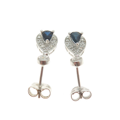 925 Sterling Silver Real Round-Cut Diamond & Pear-Cut Sapphire Dangling Earrings